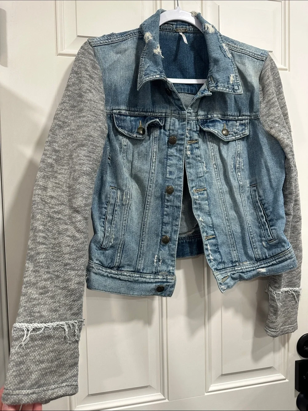 Free People Blue Denim Jacket with Gray Knit Sleeves - Picture 2 of 6